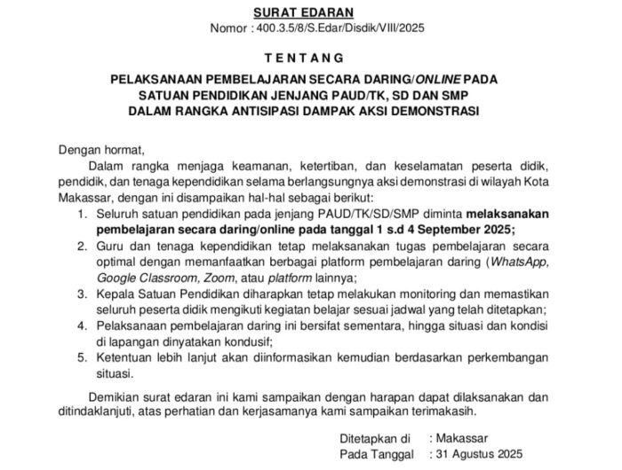 Pemkot Makassar Berlakukan WFA untuk ASN dan Non-ASN Mulai 1–4 September